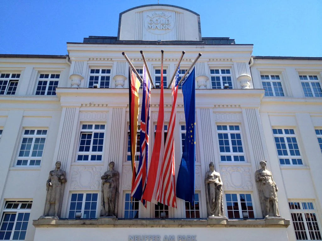 Buildings with flags and statues