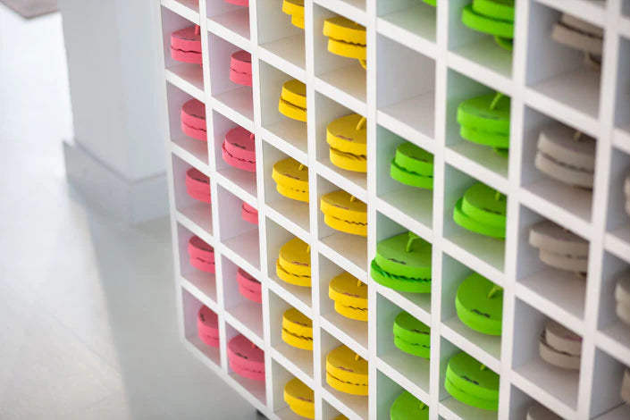 White shelf with colorful flip-flops
